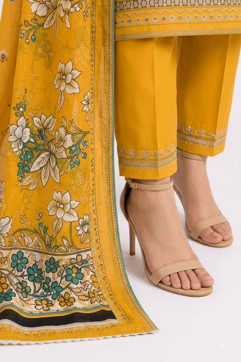Mustard Suit with Blue Floral Embroidery