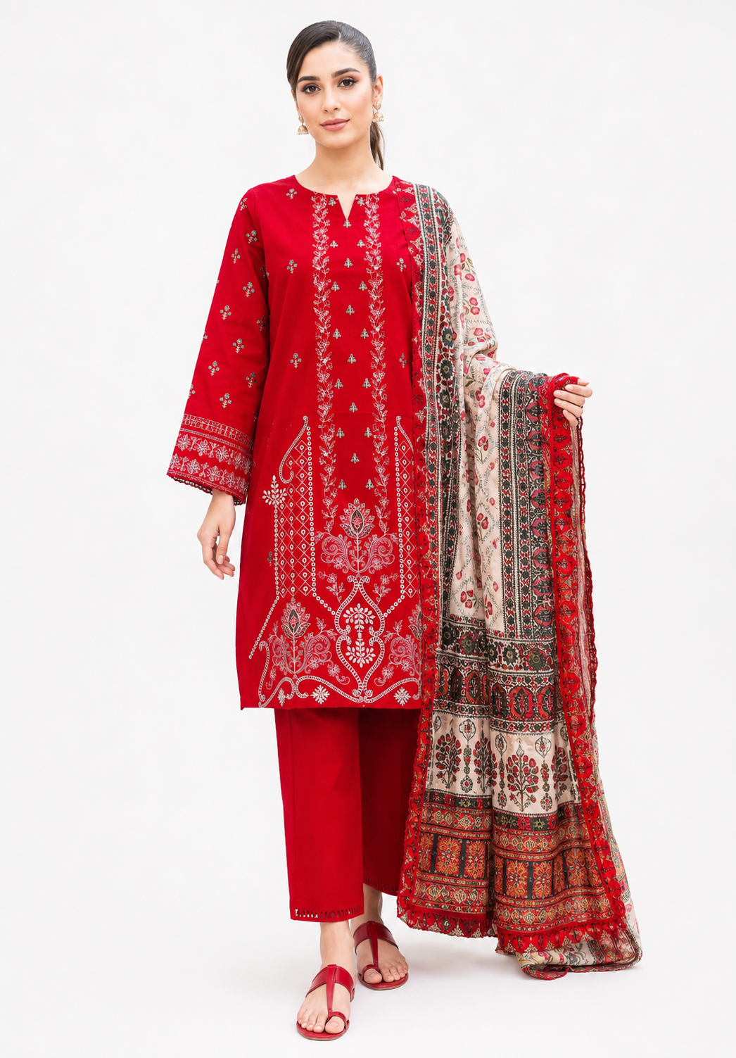 Red Embroidered Suit with Block Print Dupatta