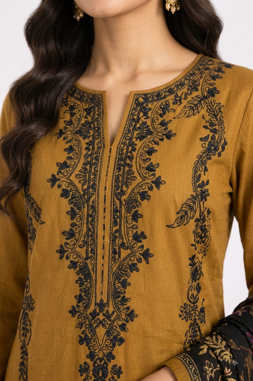 Camel Suit with Black Embroidery & Floral Dupatta