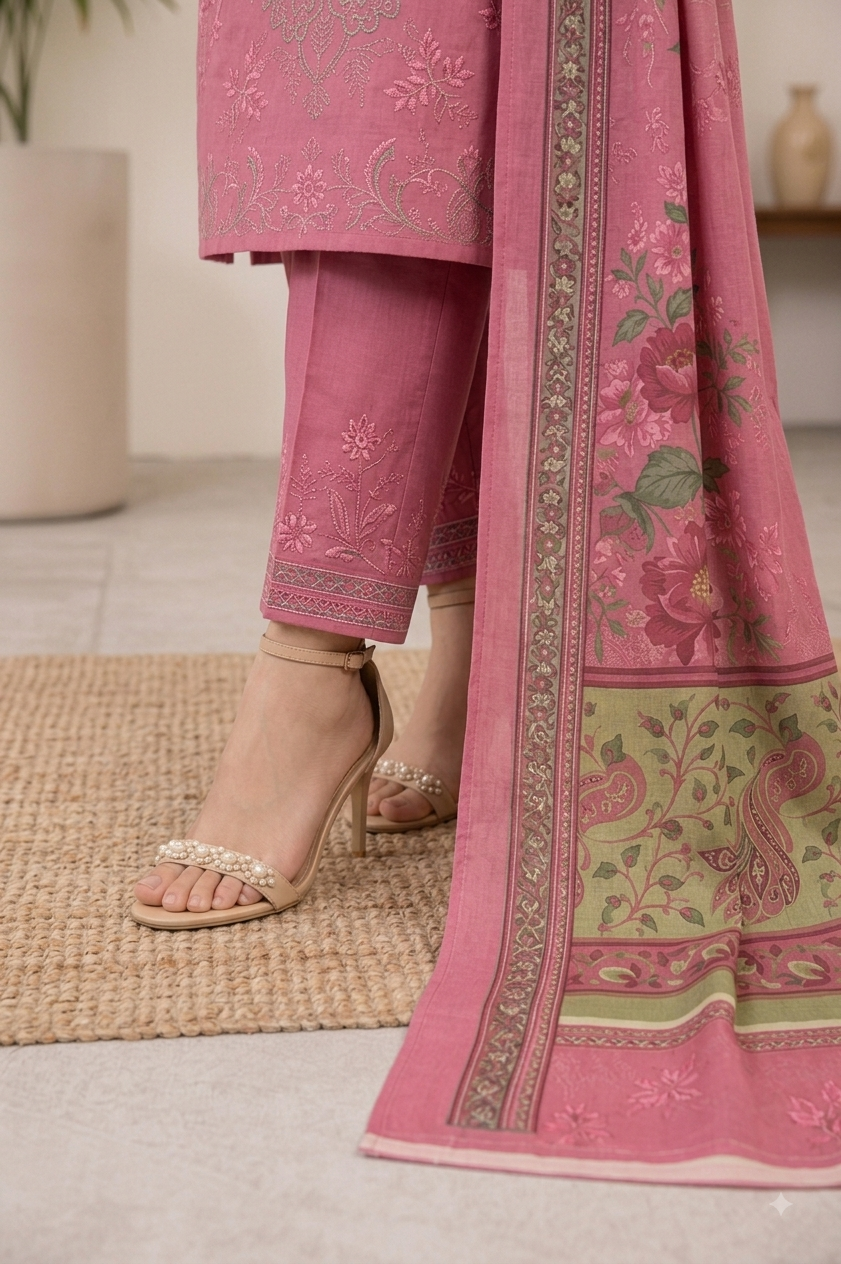 Dusty Rose Embroidered Suit with Floral Border Dupatta