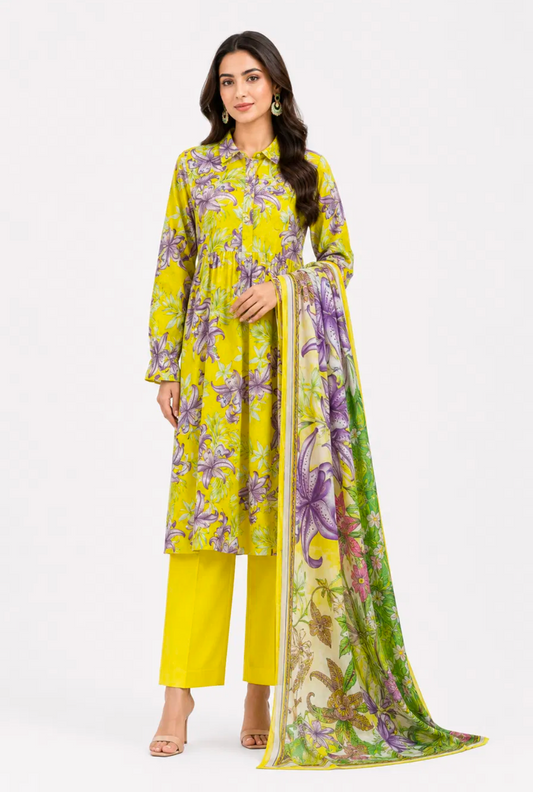 Yellow Lily Print A-Line Suit - 3Pc