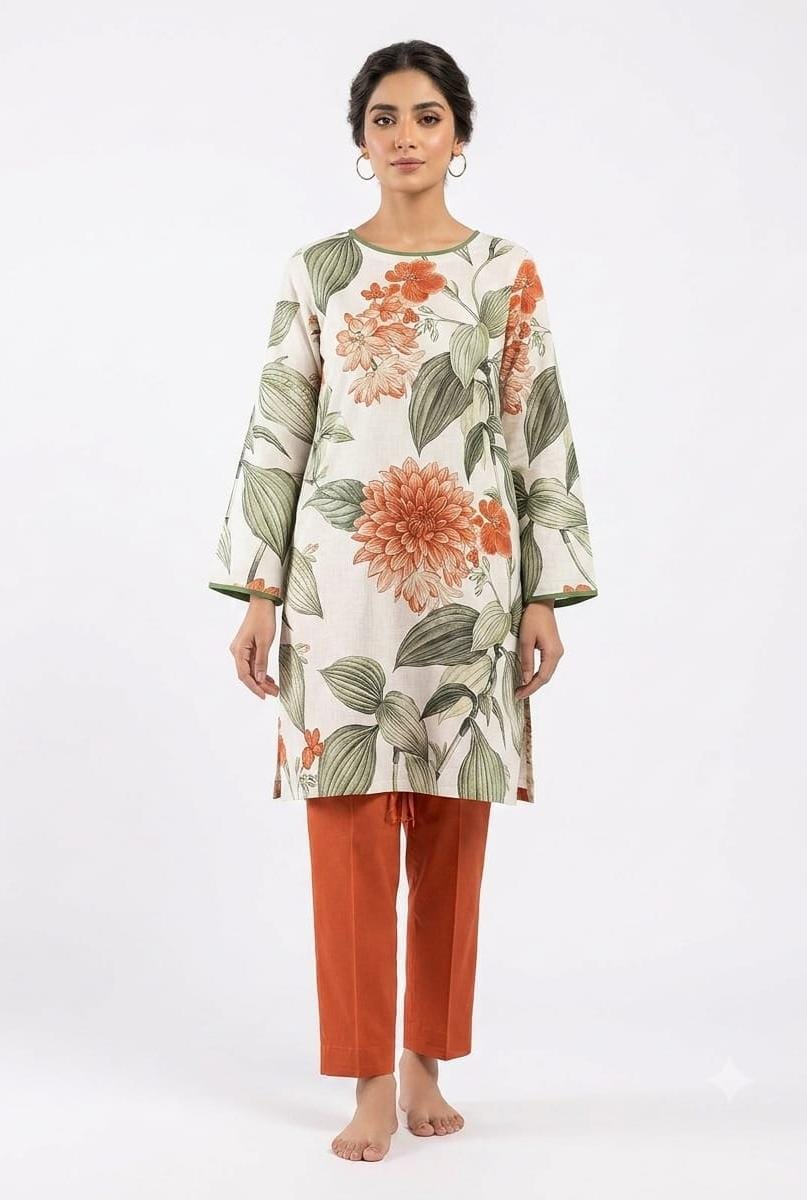 Ivory Floral Leaf Print 2Pc Suit