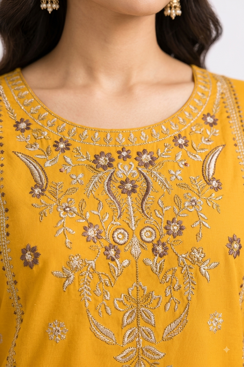 Golden Mustard Suit with Silver Heavy Embroidery