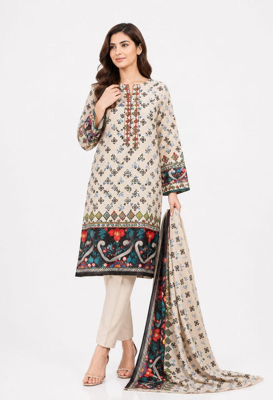 Beige Floral Medallion Suit - 3Pc