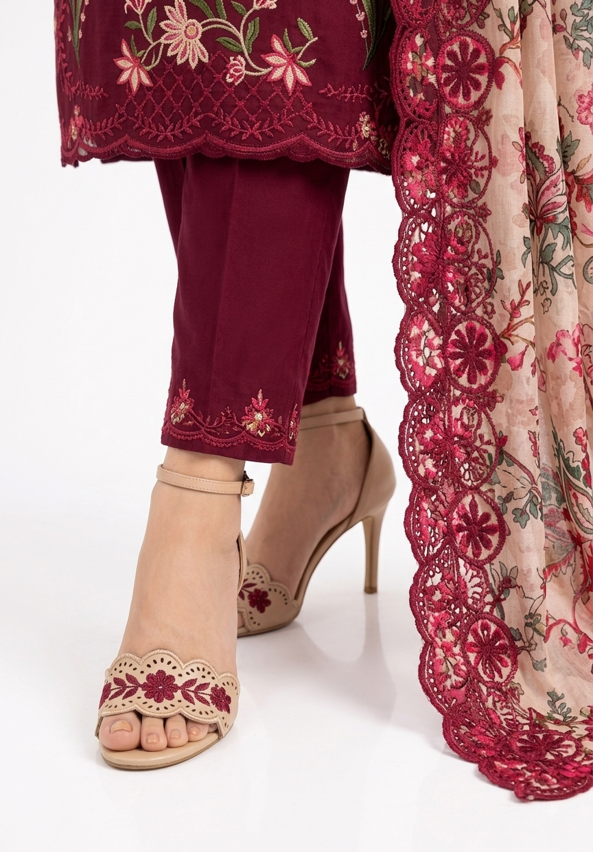 Maroon Embroidered Suit with Lace-Edge Floral Dupatta