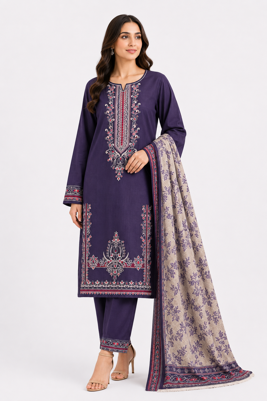 Aubergine Purple Suit with Red & White Embroidery