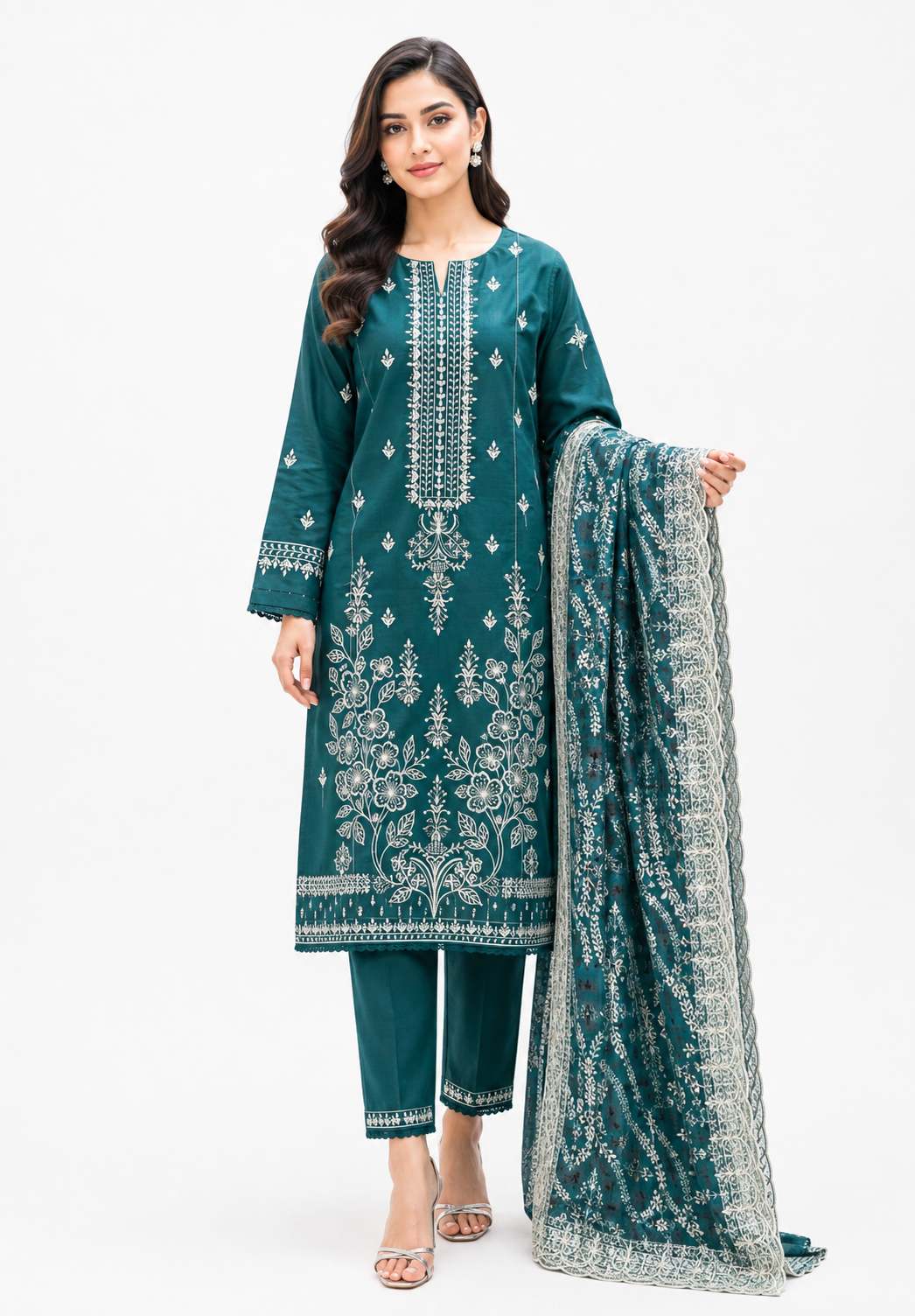 Teal Embroidered Suit with Net Dupatta