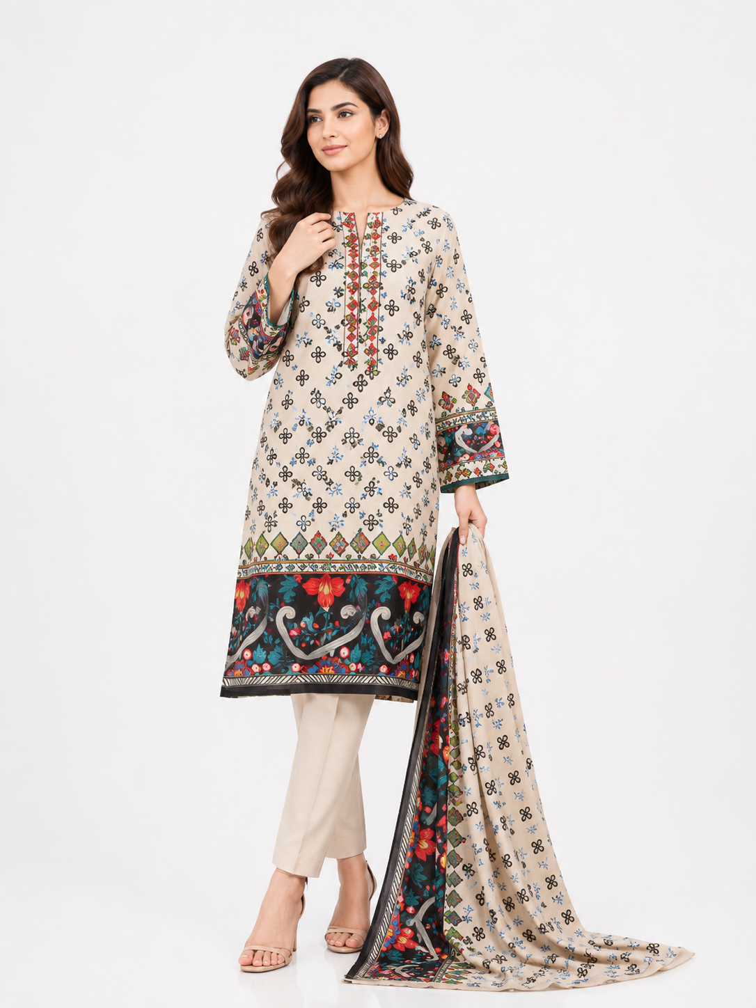 Beige Floral Medallion Suit - 3Pc