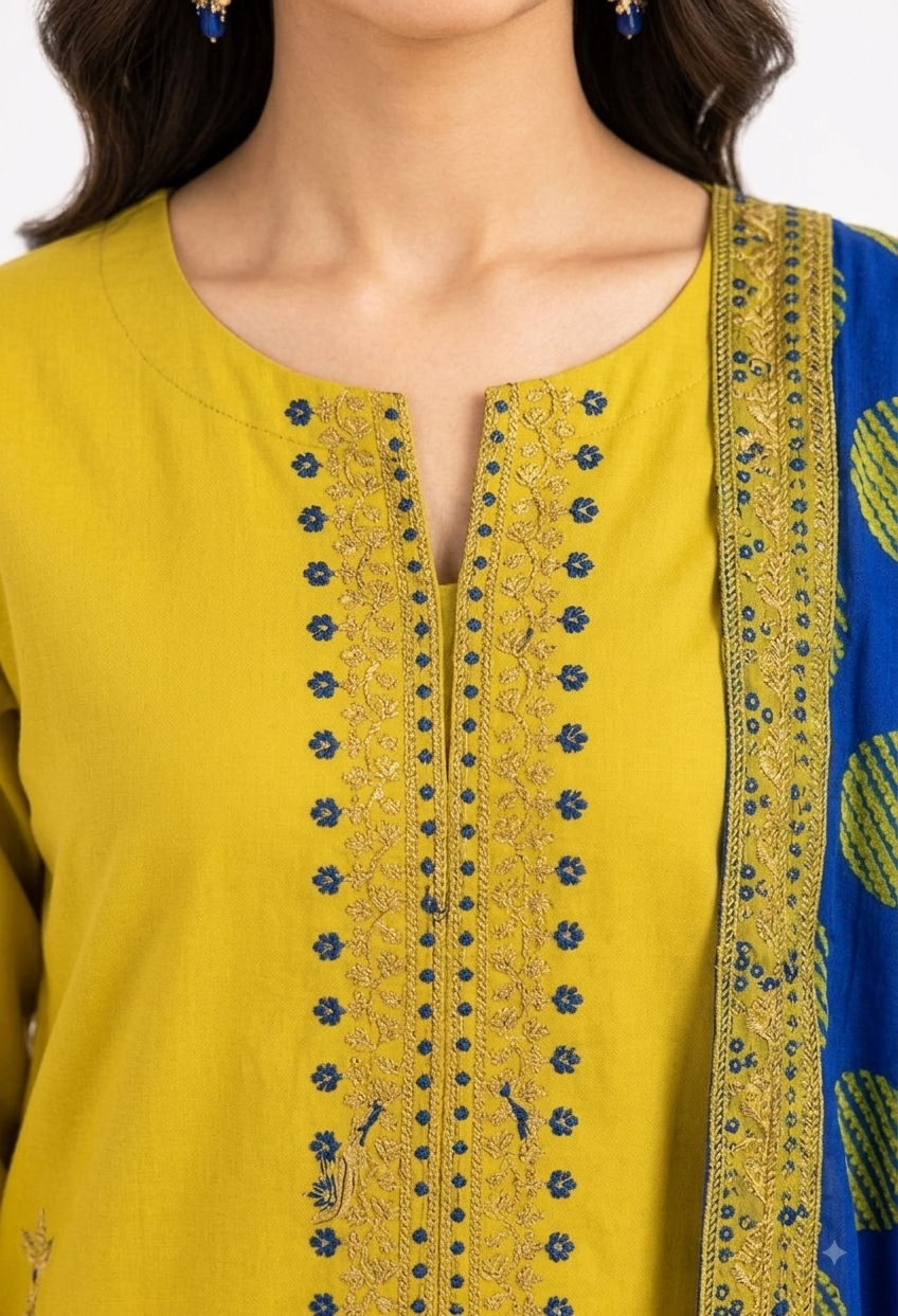 Mustard Yellow Suit with Navy Polka Dot Dupatta