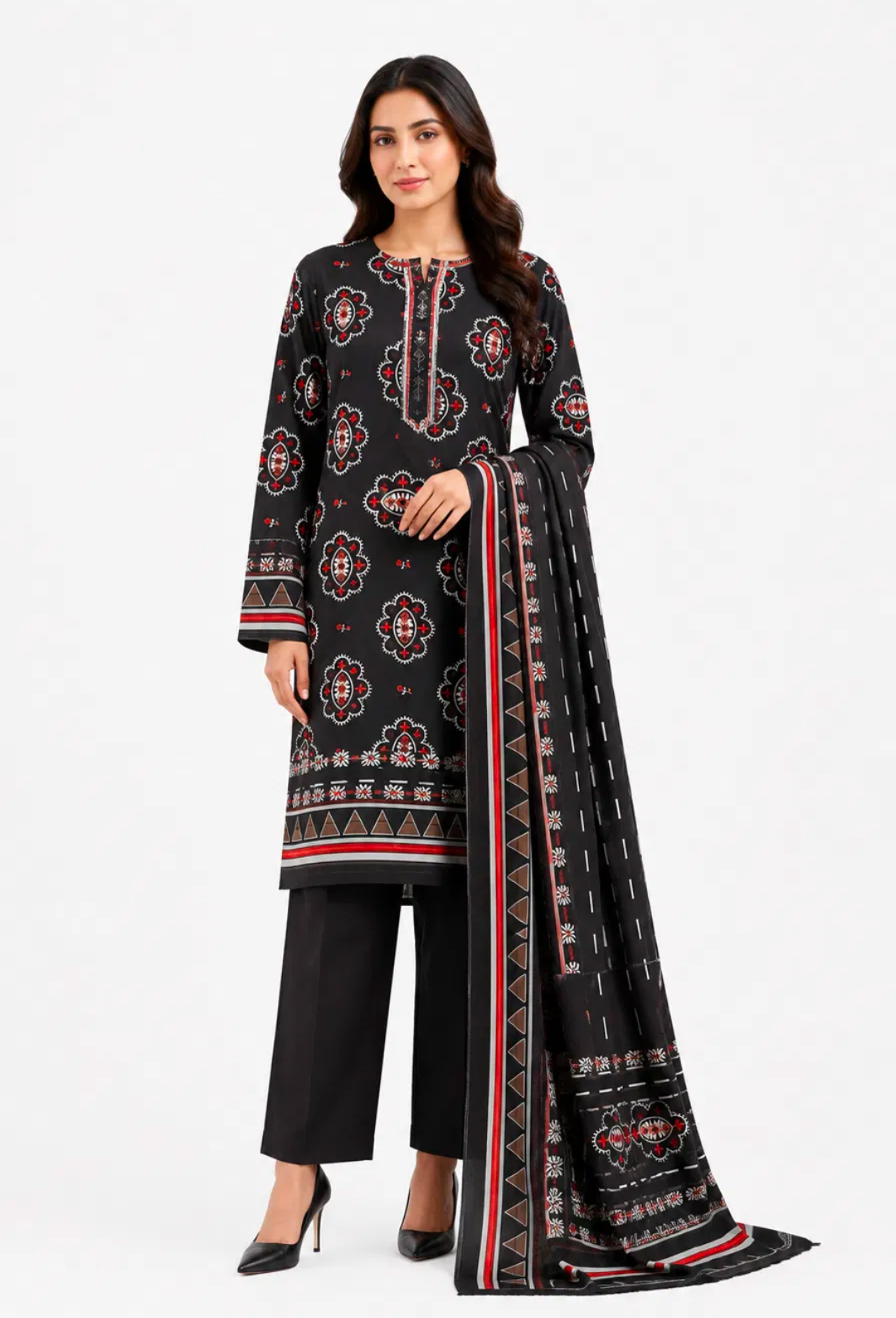 Black Medallion Print Suit - 3Pc