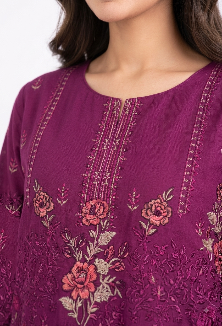 Magenta Embroidered Suit with Floral Dupatta