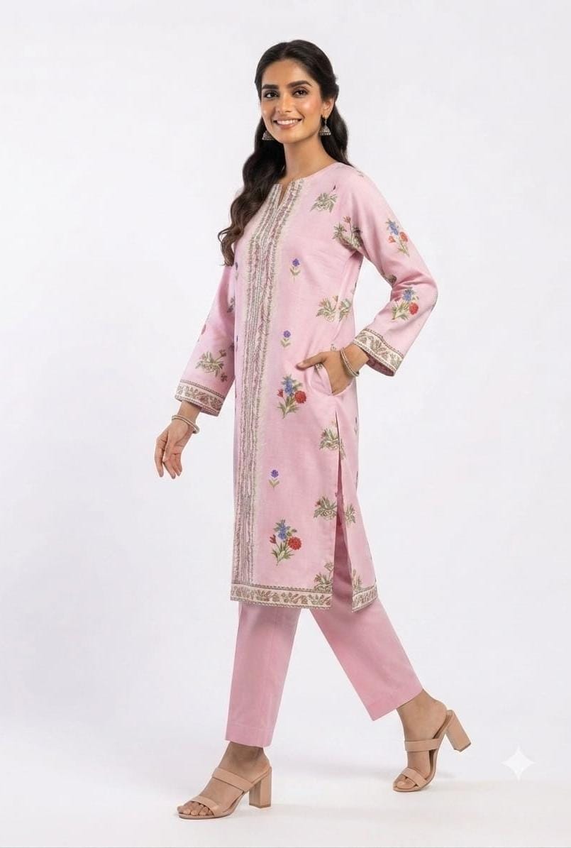 Pink Floral Embroidered Print 2Pc Suit