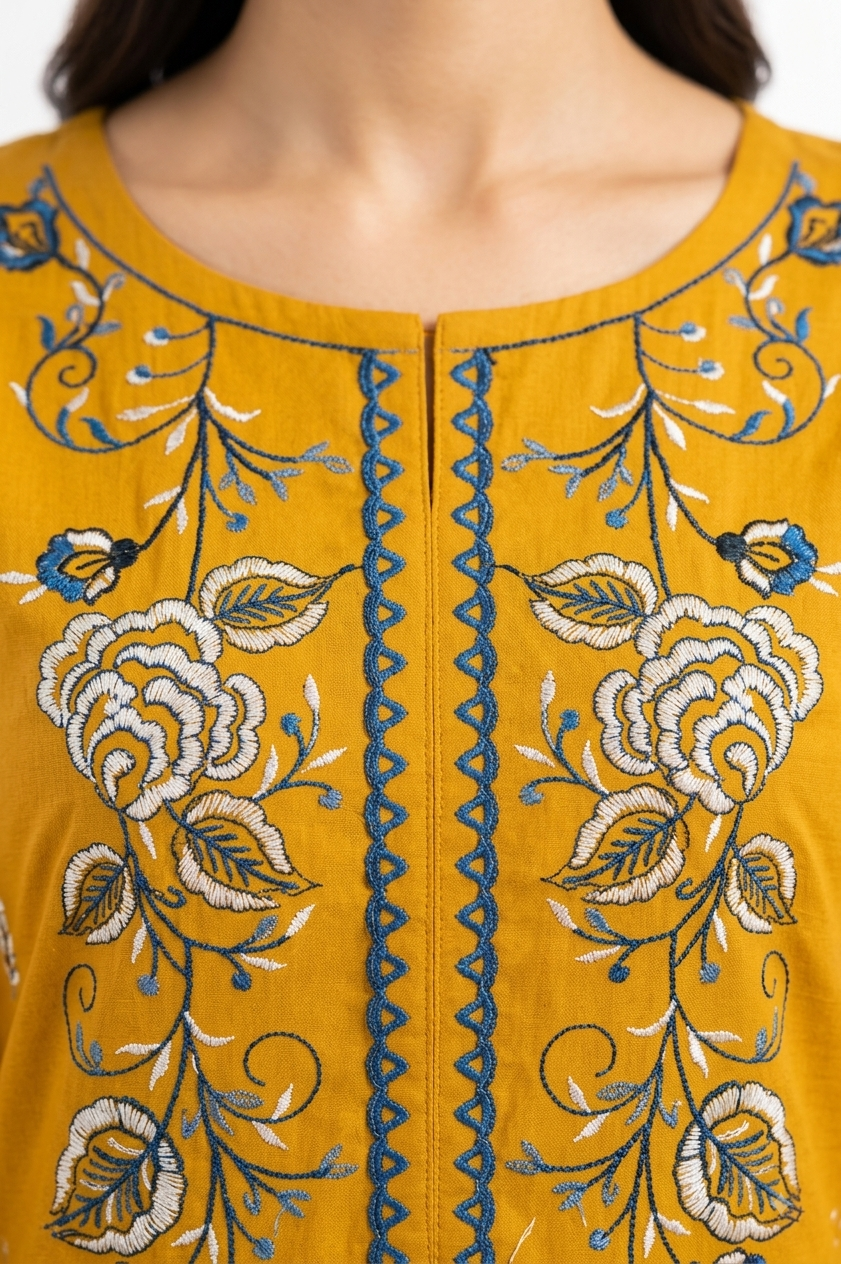 Mustard Suit with Blue Floral Embroidery